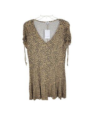 Leopard Print Mini Dress XL Tan V Neck Fit Flare Y2K Model Off Duty Skater